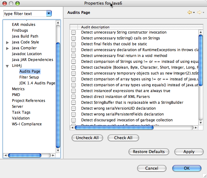 Picture of Lint4j Project Properties dialog