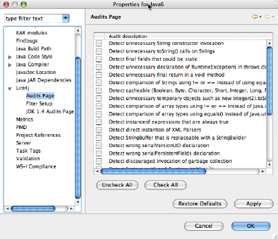 Screenshot of the Lint4j Eclipse Plugin shows the 40 warnings that can be enabled and disabled individually.