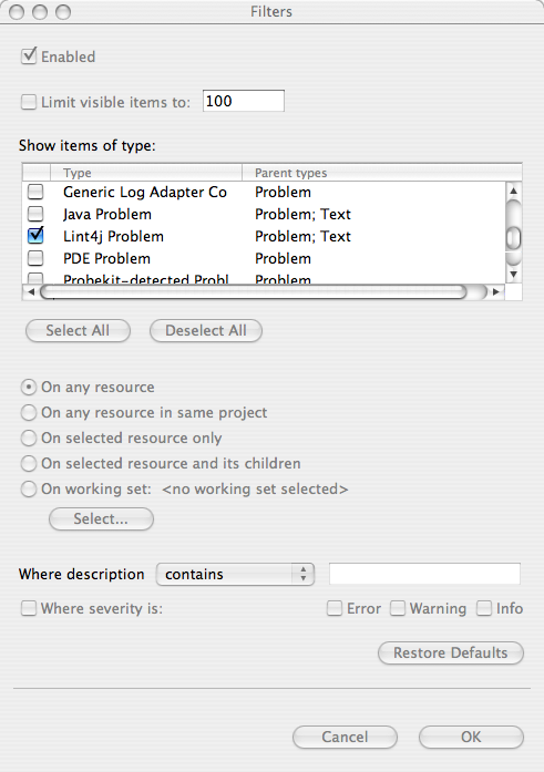 Picture of Lint4j warnings in the Eclipse Problem Filter dialog