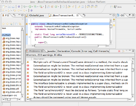 Screenshot of the Lint4j Eclipse Plugin shows several warnings discovered in the JBoss source code