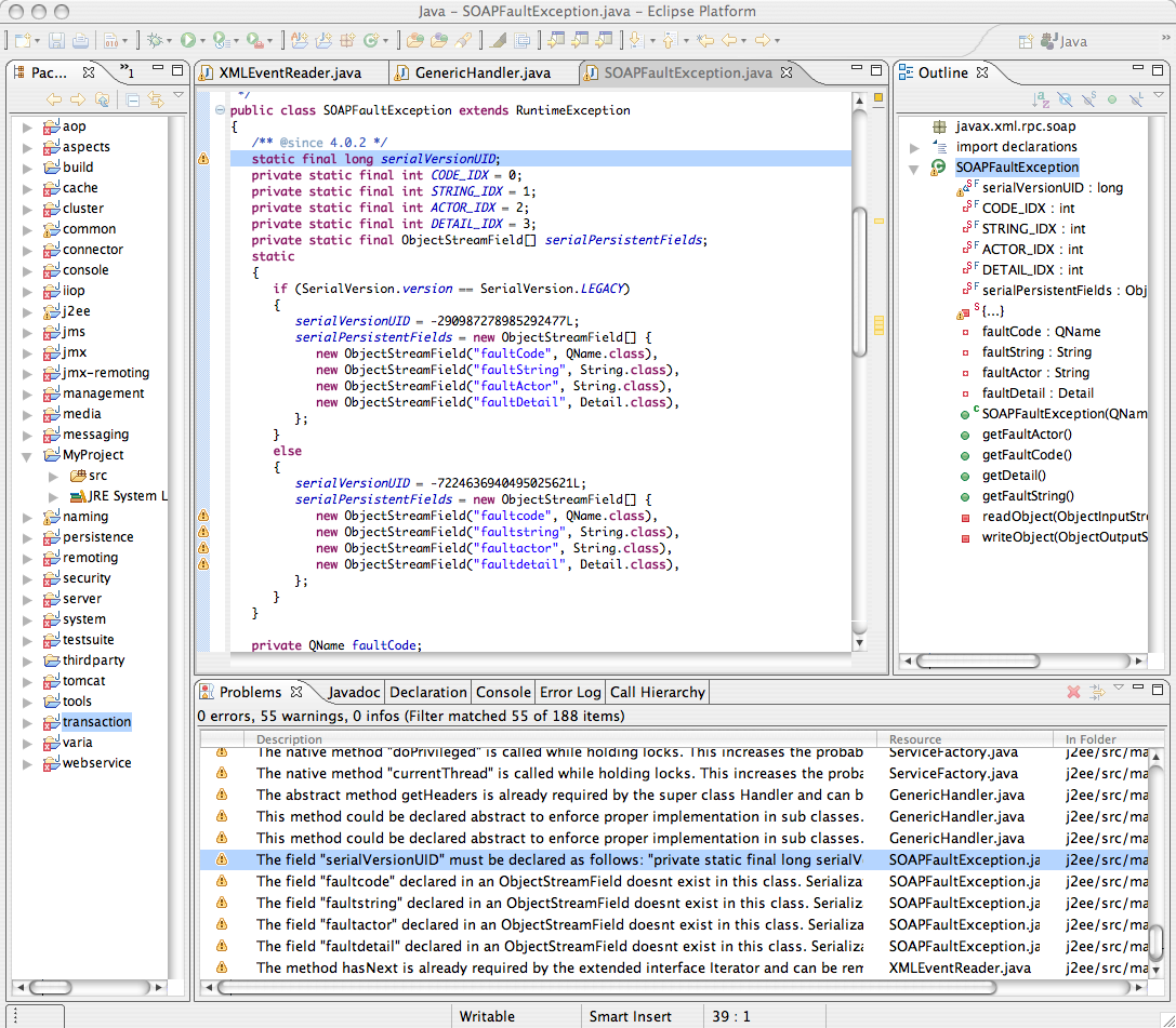 Picture of Lint4j warnings in an Eclipse Project